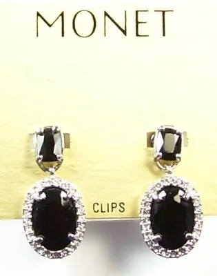 Vintage MONET Black Stone And Crystal Clip On Earrings. • $8.88