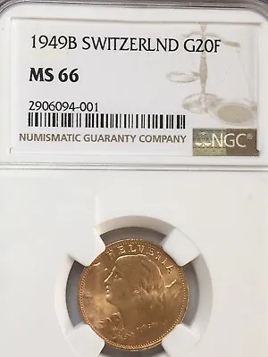1949 Swiss 20 Francs Gold Helvetia   NGC MS66!  Free Shipping • $700