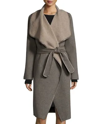 VINCE Drape Front Leather Trim Wool Coat Belted Taupe Gray Cashmere Medium $795! • $89.98