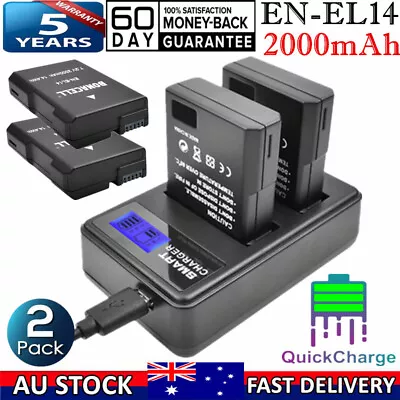 2x 2000mAh EN-EL14 EN-EL14a Battery & USB Charger For Nikon D3200 D3400 P7000 AU • $34.99