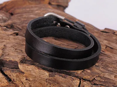 Surfer Plain Cool Double Wrap Men's Leather Bracelet Wristband Cuff Black • $8.50