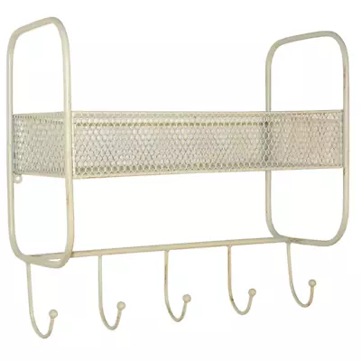Wall Shelf Cream Mesh Wire 5 Coat Hooks Hanging Mounted Home Decor Storage Unit • £29.99