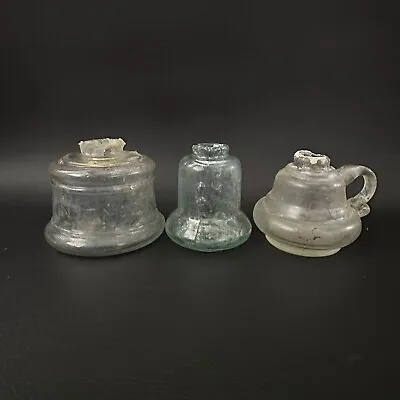 3x ANTIQUE VINTAGE CLEAR GLASS KEROSENE LANTERN OIL LAMPS MINIATURE BASES NUTMEG • $90