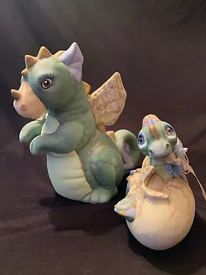 Vintage Hand Painted Ceramic Dragon Mommy & Hatchling Baby Figurines • $34.95