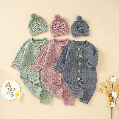 Newborn Infant Boys Girls Knitted Sweater Baby Jumpsuit Romper Hat Outfits Sets • $42.30