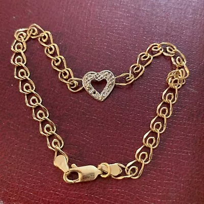 Vintage 14k Yellow Gold Twisted Braided Swirl Link Heart Diamond  Bracelet  • $349.99