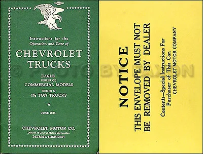 1933 Chevrolet Truck Owners Manual Package 33 Chevy Eagle Master Owner Guide • $87.37