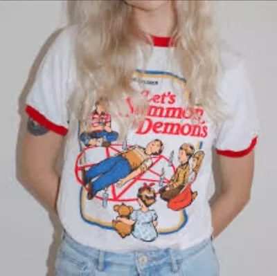 Retro Let’s Summon Demons Halloween TShirt White Red Funny L Hot Topic • $24