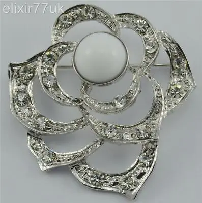 New Silver Flower Brooch Diamante Crystal Wedding Cake Bridal Prom Party Broach • £4.55
