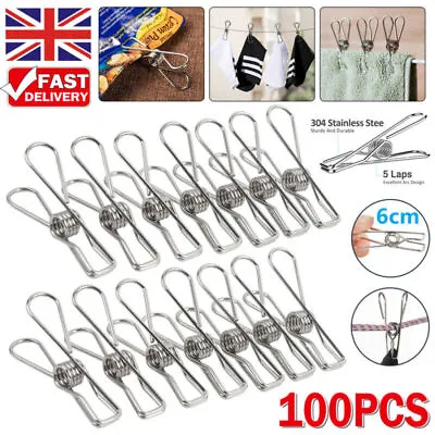 10-100X 6cm Stainless Steel Washing Line Clothes Pegs Hang Pin Metal Clips Clamp • £3.99