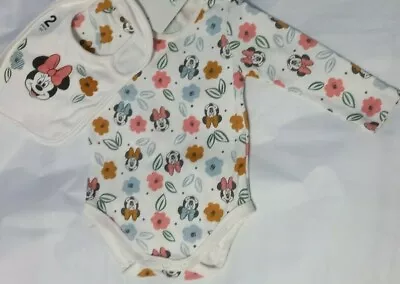 DISNEY MINNIE MOUSE Baby Girl Licensed Bodysuit + Bib Set Floral NEW Size 0 • $17.95
