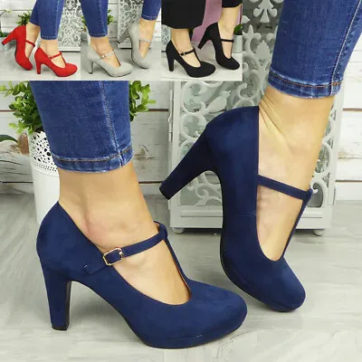 Womens Court Shoes Ladies Platform T Bar Ankle Strap Buckle High Heel Boots Size • £19.99