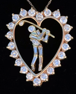 $3150 • Buy Jose Hess 2.09ctw VS2 Clarity-G Color Diamond Heart Golfer Pendant 6g 14k Gold