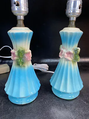 Vtg Mid Century Lamp Pair Matching Set Blue W Pink Flowers 50s 60s Ceramic • $49.95