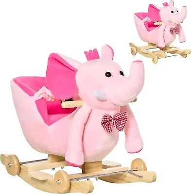Baby Rocking Elephant On Wheels Ride On Pink Plush Rocker Horse Toy With 32 Song • £58.89