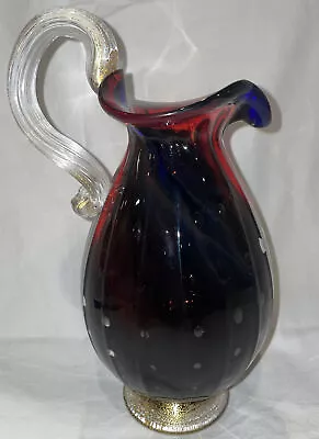 Vintage Murano Glass Pitcher - Red & Blue With Gold Frosted Clear Handle & Base • $28.90