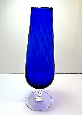 Cobalt Blue Empoli Style Vintage Footed Stemmed Swirl Vase Hand Blown Clear Base • $16.18
