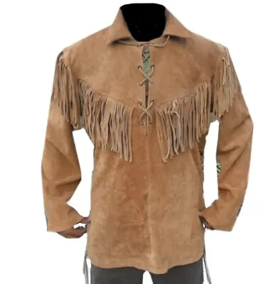 Mens Western Brown Buckskin Suede Leather Fringe Mountain Man Shirt MMS39 • $106.92