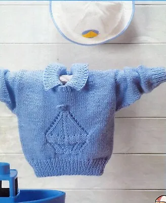 Baby Boys Boat Motif Eyelet Design Sweater Jumper KNITTING PATTERN DK 16 - 24  • £2.15