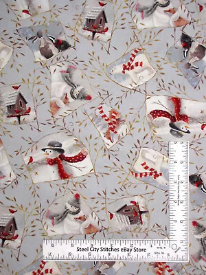 Christmas Fabric Snowman Rabbit Fox Scenes Gray Woodland Buddies Cotton QT Yard • $10.98