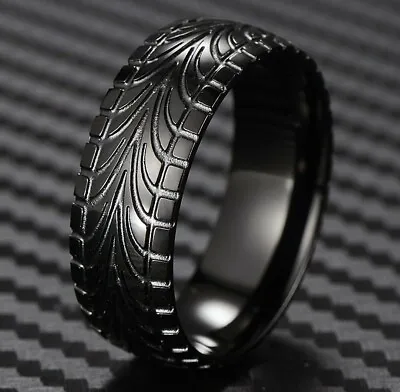 Black Stainless Steel Men's Tire Track Tread Wedding Band Ring Size 8-15 • $11.99