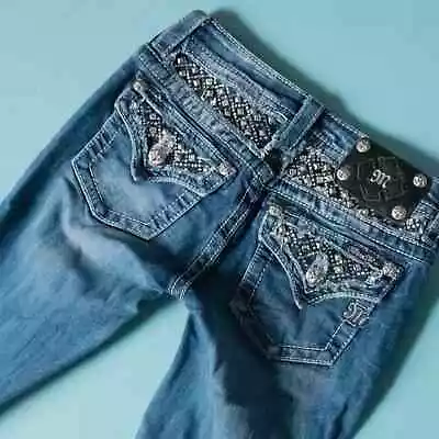 Miss Me Bedazzled Pocket Bling Signature Boot Mid Rise Dark Wash Jeans Sz 25 • $34.95