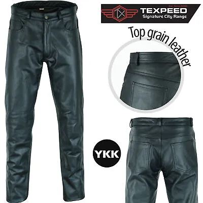 Mens Black Leather Trousers Motorbike Motorcycle Jeans Biker Cowhide Soft Pants • £69.99