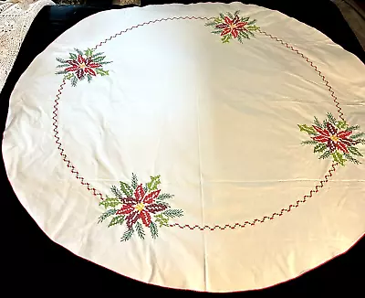 VTG Linen Embroidered Cross Stitch Christmas Tablecloth Poinsettia Round 57  • $23.99