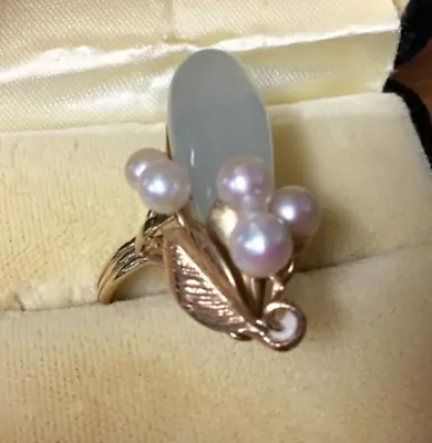 Vintage Ming's Of Hawaii  Ring 14k  Jade & Akoya Pearls  Size 8.75 • $649.99