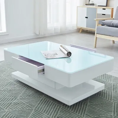 White High Gloss Glass Coffee Table Rectangular Living Room Modern Storage MDF • £129.99