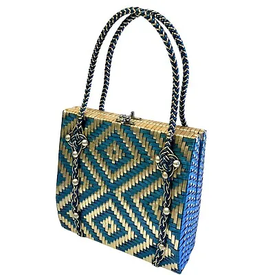 Vintage 60's SKY BLUE Silver Gold WOVEN Hand Bag FRAMED Purse MOD Retro Satchel • $129.99