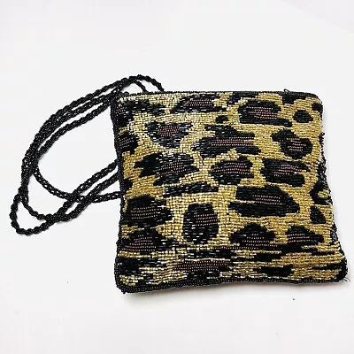 Beaded Leopard Animal Print Vintage Handbag Purse Evening Beading Crossbody Bag • $15