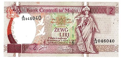 MALTA P-45b 2 Liras 1994 AUNC Vasallo Sign. Fancy Serie • $30