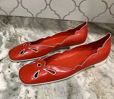 CELINE Red White Leather Butterfly Cut Out Ballerina Flats Shoes EU 37.5 Sz 7.5 • $65