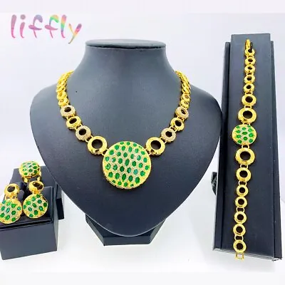African Gold Plated Jewelry Set Green Necklace Bracelet Earring Ring For Women • $23.98