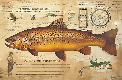 Vintage Fly Fishing Art Print 11x17 Pflueger Fishing Reel  Brown Trout Artwork • $12.95