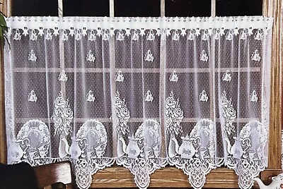 VTG Heritage Lace Ecru W Rose Floral Tier Curtain 60 X 30  TEATIME Kitsch READ • $39.99