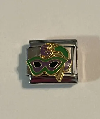 Mardi Gras Mask - Masquerade- Green Purple Gold -9mm Italian Charm Bracelet Link • $2.75
