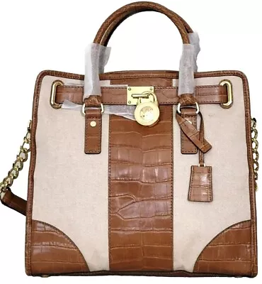 🌞michael Kors Hamilton Walnut Brown Croc Leather Center Stripe Ns Tote Bag🌺nwt • $223.19