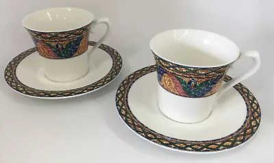 2 Mikasa Sao Paulo Cup Saucer Sets Geometric Colorful Floral Mosaic Ultima HK700 • $13.91