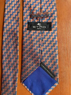 ETRO Milano Tie Blue Orange Zigzag Skinny 100% Silk Ideal  275x59 In • $29.99