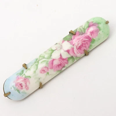 2  Vintage Antique Hand Painted Porcelain Thorny Rose Lily Flower Brooch Brass • £3.93