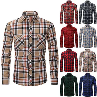Mens Long Sleeve Checked Work Shirts Casual Slim Fit Plaid Shirt Size S – 2XL • £3.99