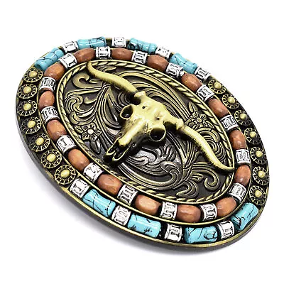 Western Cowboy Belt Buckle Men Women Turquoise Cow Skull Longhorn Belt Buckle US • $12.98