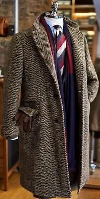 Men Herringbone Tweed Vintage Long Jacket Coat Groom Tuxedo Prom Warm Blazer • $75