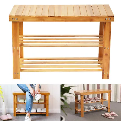 £21.69 • Buy 3 Tier Natural Bamboo Wooden Shoe Rack Bench Organiser Stand Storage Shelf Seat