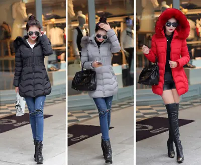 Womens Winter Hooded Cotton Coat Fashion Faux Fur Parka Padded Slim Long Jacket • £25.86