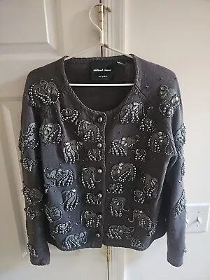 VTG Vintage Michael Simon Embellished Cardigan Sweater Pearls Elephants Gray L • $120