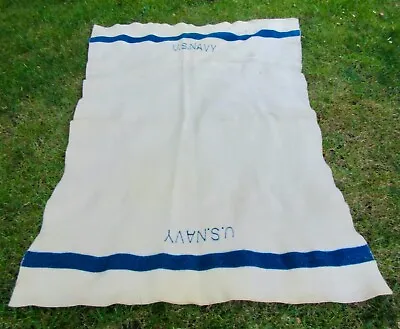 $100 • Buy Vintage US Navy Wool Blanket Letters White Blue Stripe 51x72”