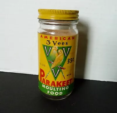 Vintage American 3 Vees Parakeet Bird Food Glass Bottle W Full Label & Metal Cap • $20.50